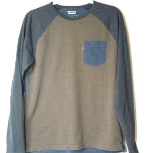 Levi's Long Sleeve Baseball Brown Gray T-Shirt With Pocket Raglan Size Small